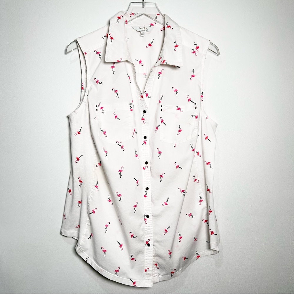 Coral Bay White Sleeveless Pink Flamingo Print Top Knit Side Panels